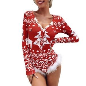 Womens Christmas Fur Lingerie Babydoll Bodysuit